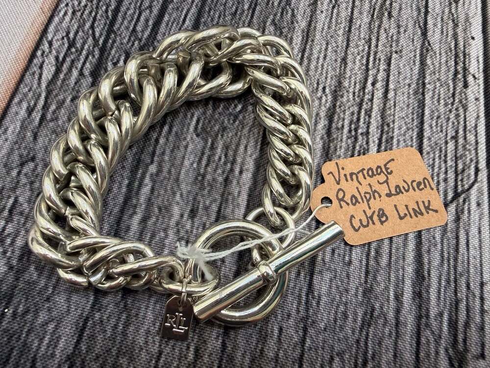 Ralph Lauren Vintage Double Curb Chain Toggle Bracelet Silver Tone